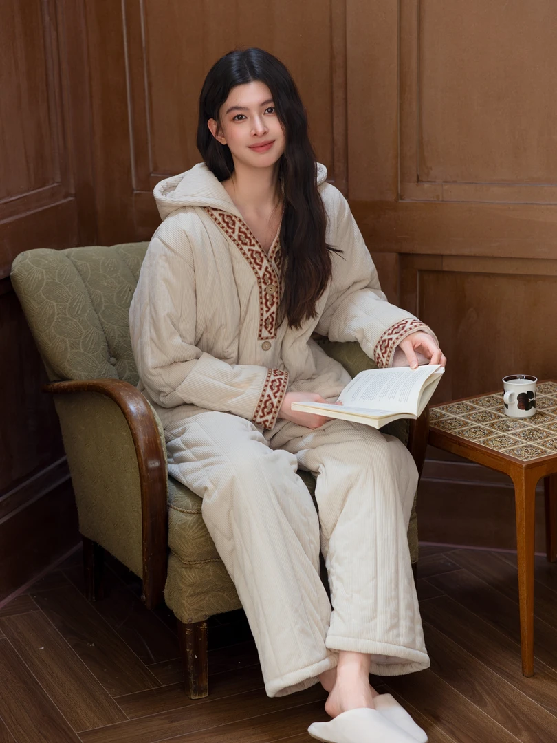 复古民族风花边夹棉睡衣女冬季简约舒适加厚保暖家居服套装可外穿