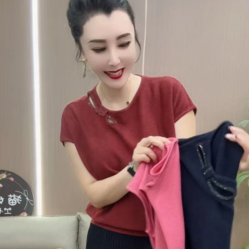 镂空衫宽松圆领时尚不褪色镂空百搭纯色夏季短袖气质网红洋气针织