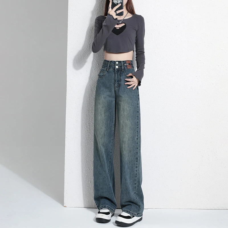 加绒直筒阔腿牛仔裤女春秋季新款爆款小个子高腰宽松裤子冬季