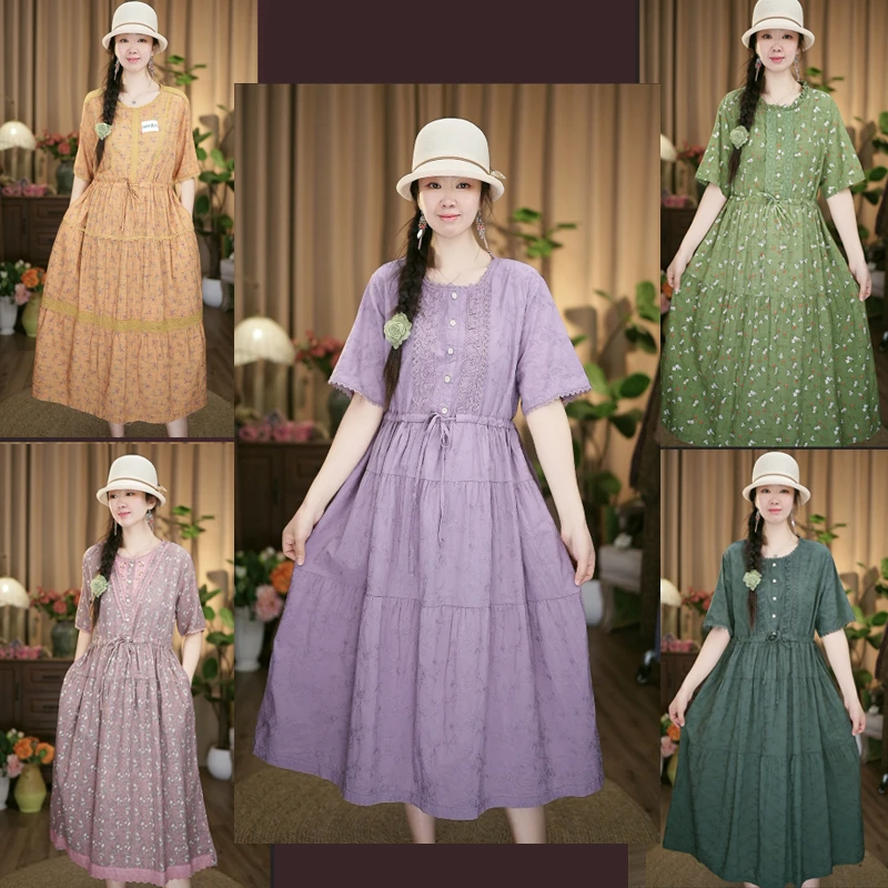 连衣裙2025夏装新款女装薄款中长款短袖印花文艺复古棉麻裙子