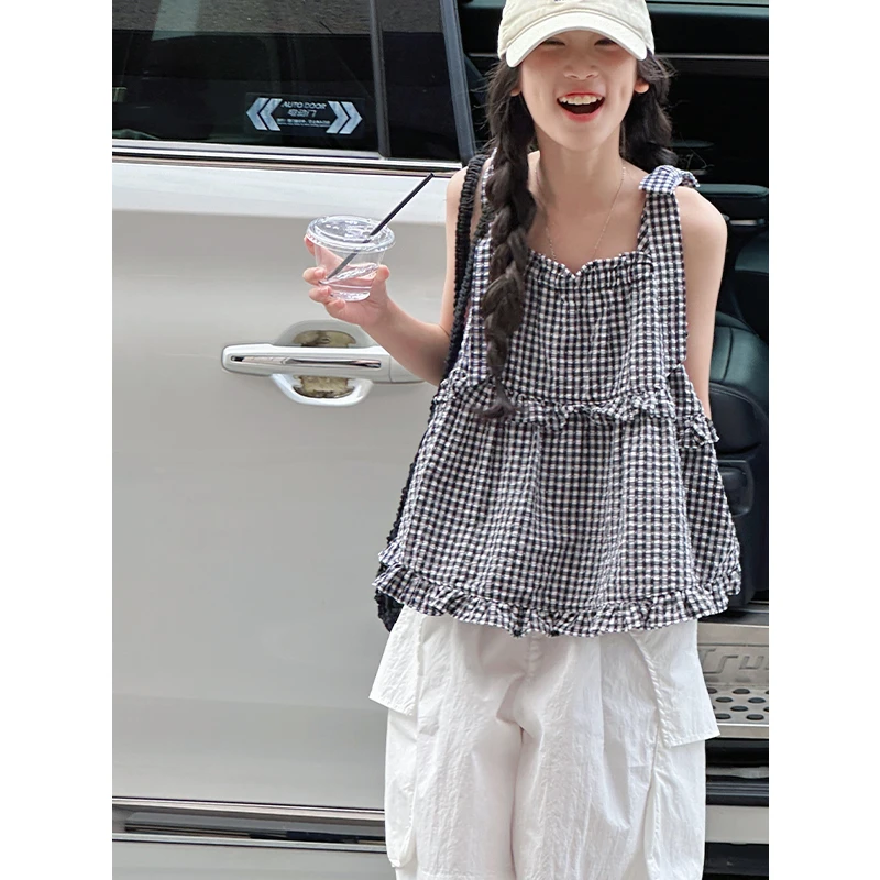 K29081韩系格纹女童背心2025夏装新款儿童吊带衫休闲女大童打底潮