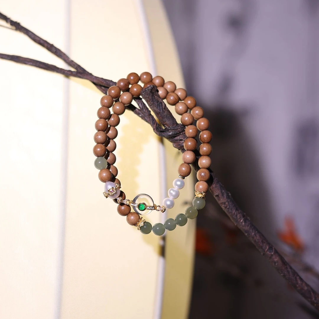 天然老山檀＋天然珍珠＋和田玉双圈手串