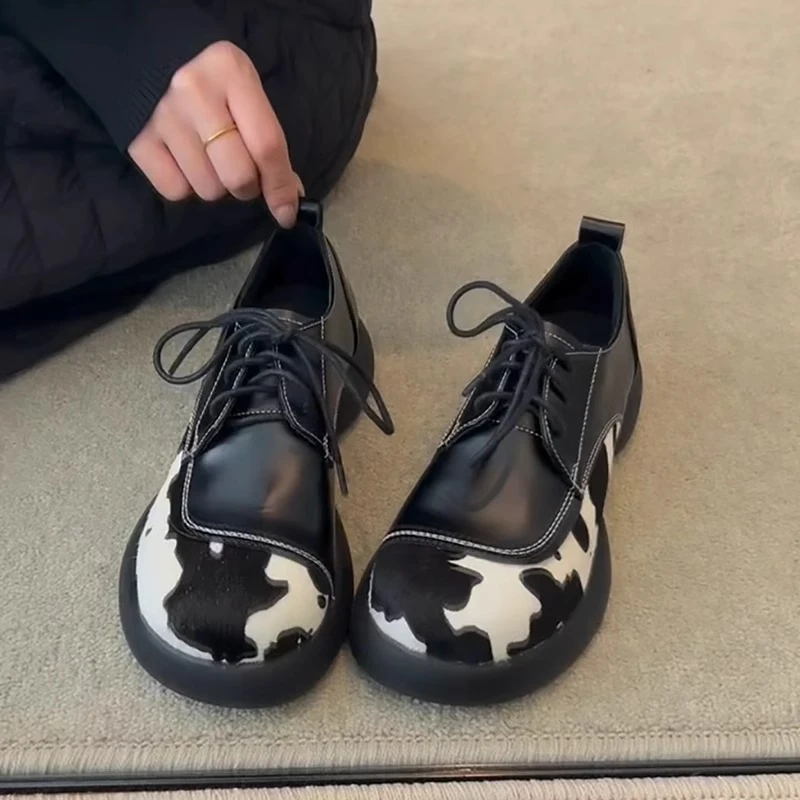 牛皮版！厚底小皮鞋小众奶牛拼接大头乐福鞋粗跟百搭文艺复古单鞋