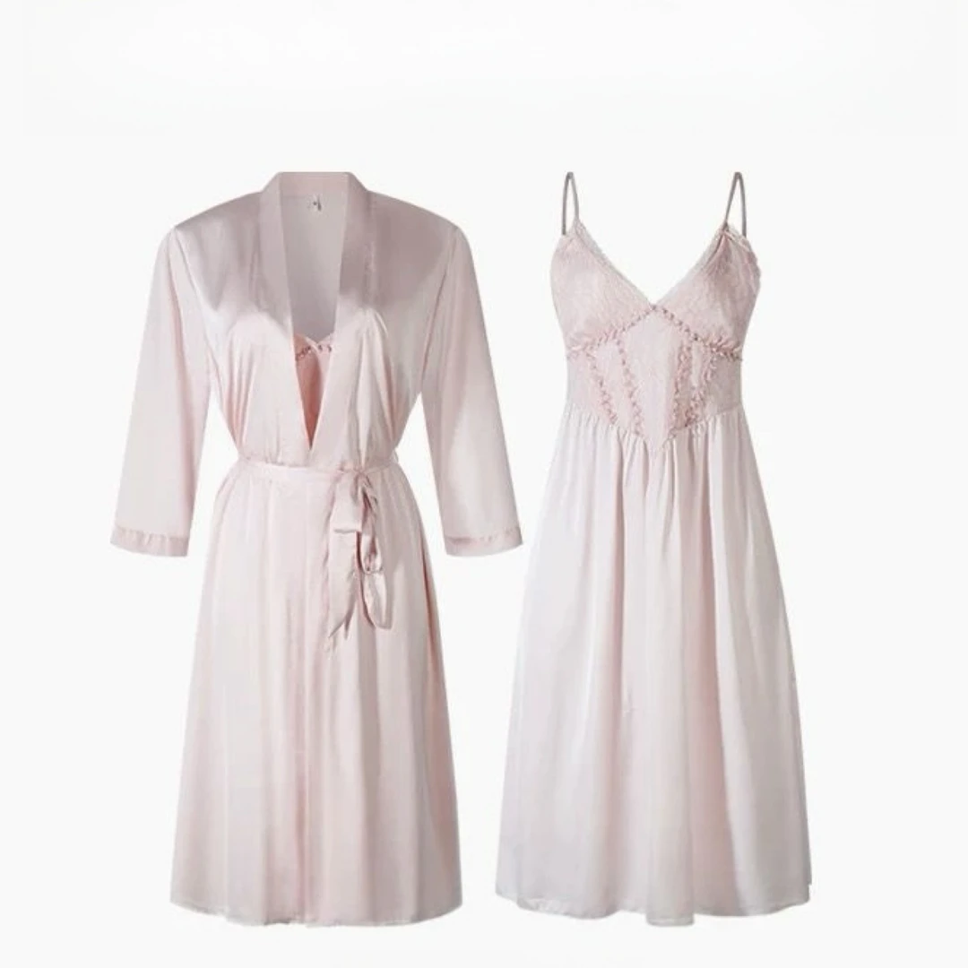 【高定珍珠】冰丝睡衣女吊带简约长蕾丝露背睡裙家居服套装Q195法式