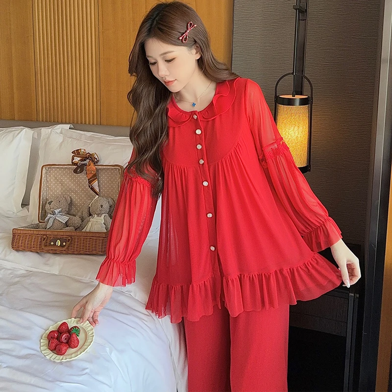 睡衣女长袖春秋季网纱法式宫廷风蕾丝性感大红色带胸垫家居服套装