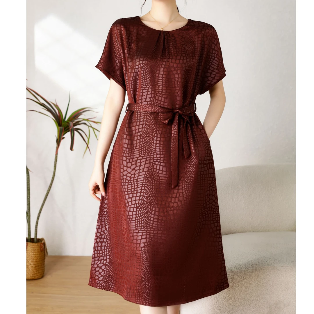 【原创正版龟裂纹】新款气质鳄鱼纹蚕丝连衣裙宽松显瘦长裙9041