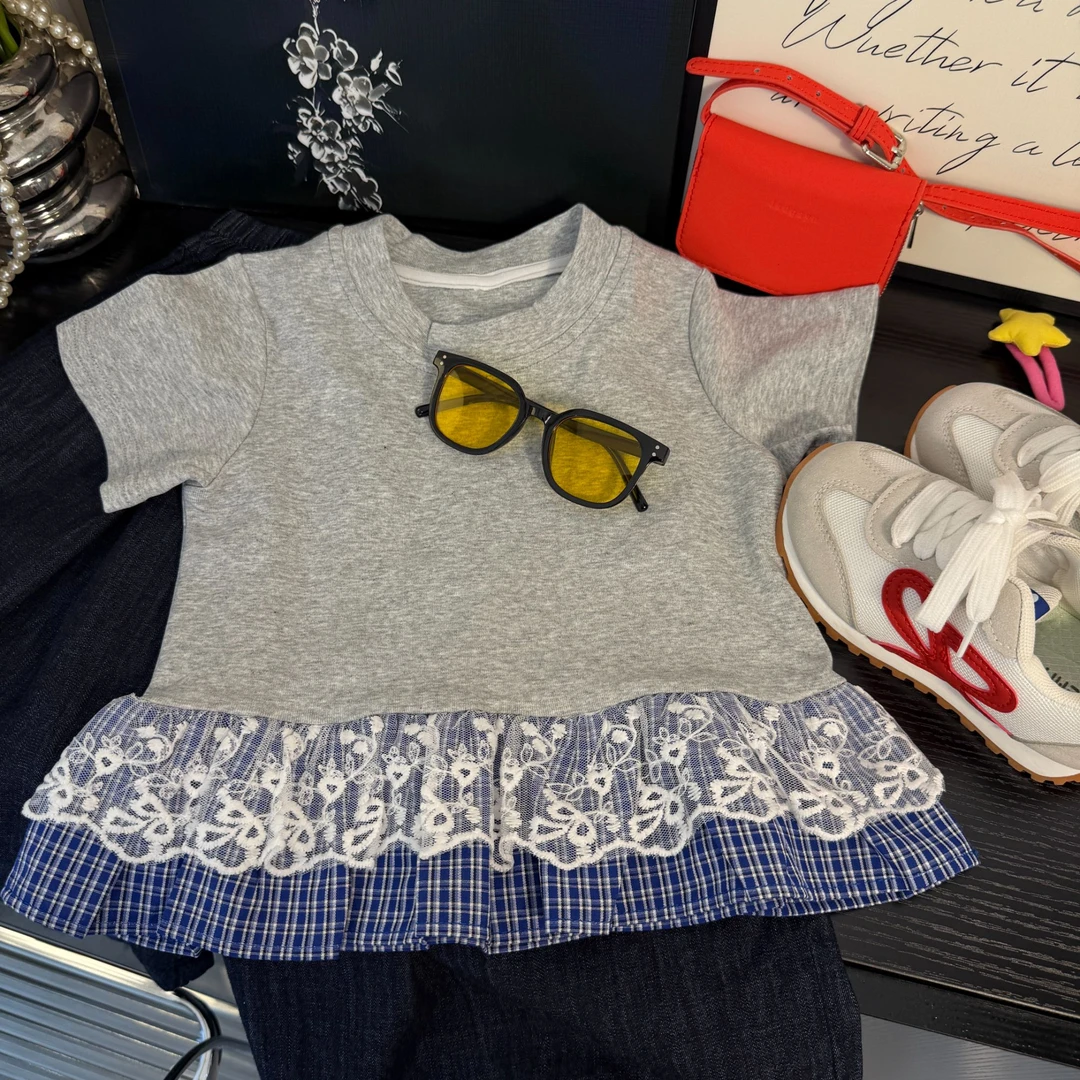 亲子装2025夏装韩版儿童时尚拼接蕾丝短袖洋气假两件
