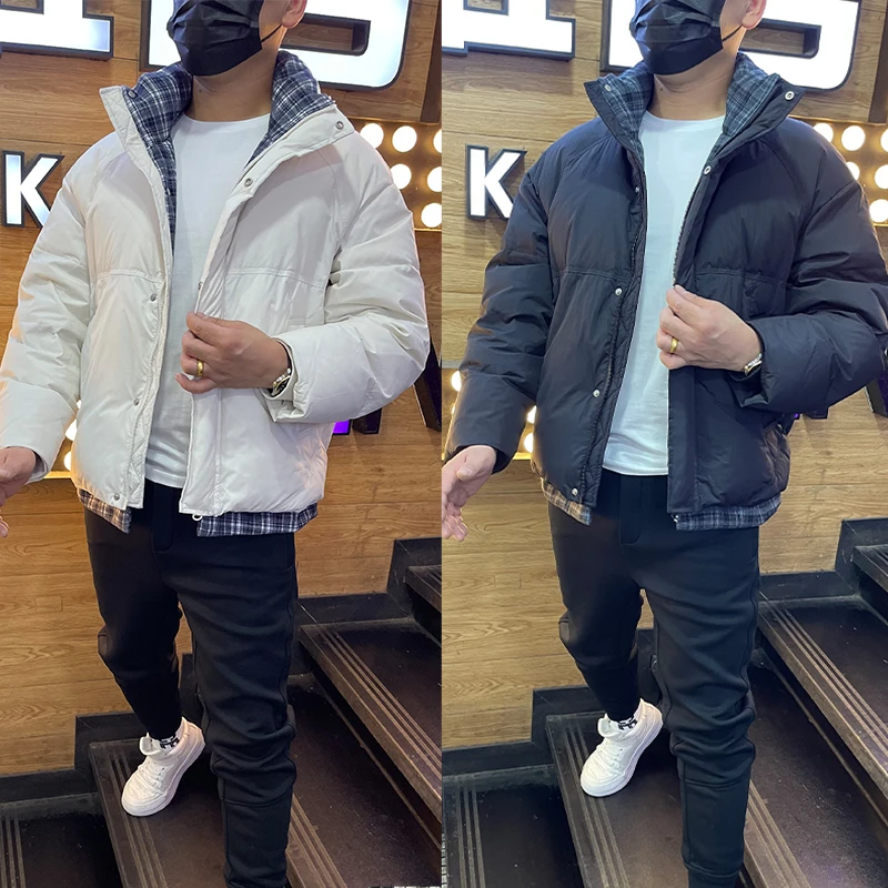 冬季潮流拼接白鸭绒外套男士时尚简约百搭羽绒服保暖加厚立领上衣