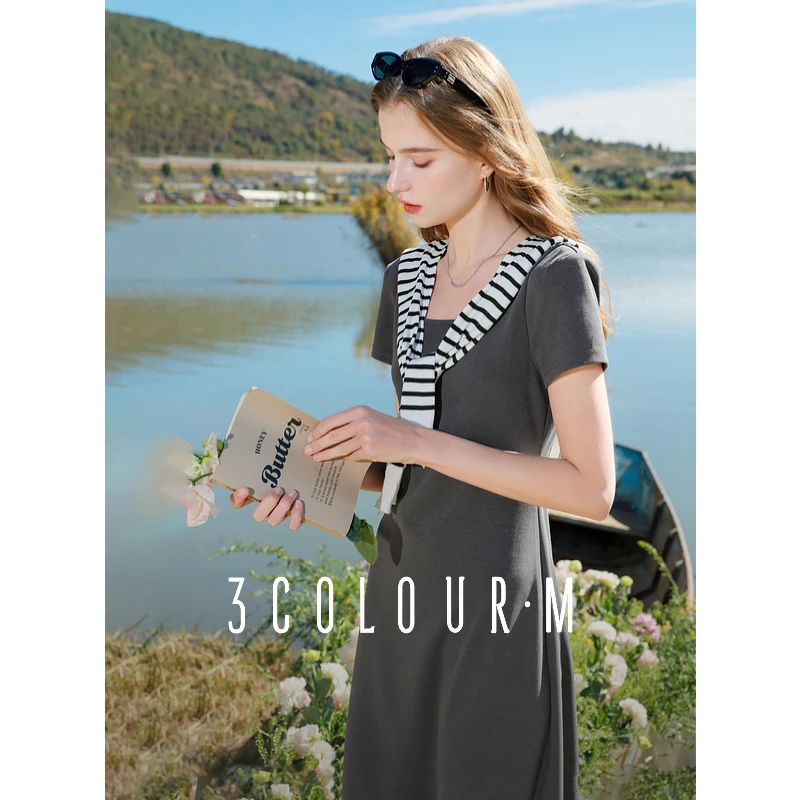 三彩2025春季新款U领短袖垫肩收腰大摆显瘦A字连衣裙休闲百搭女M