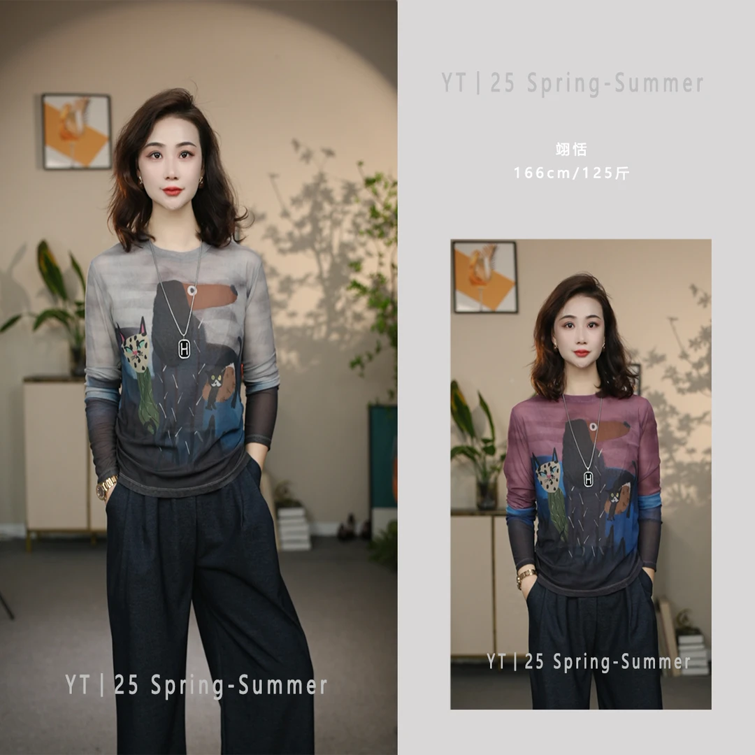 YT【街头艺术】宽松极简风圆领夏季复古网纱T恤长袖时尚休闲#MX6280