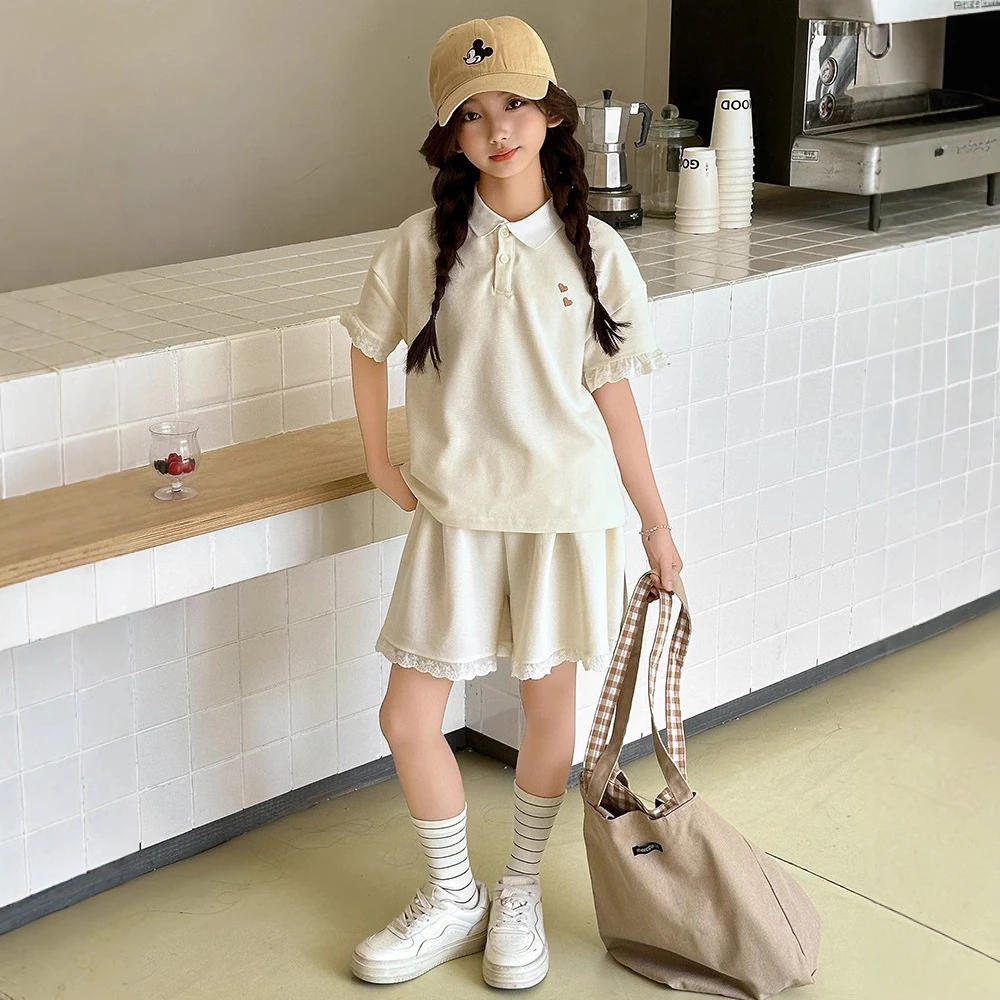 女大童夏装休闲套装2025新款洋气时髦Polo衫女孩短袖短裤两件套夏