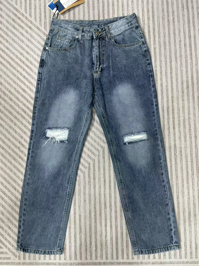 春季新款港风假破洞宽松直筒无弹牛仔裤