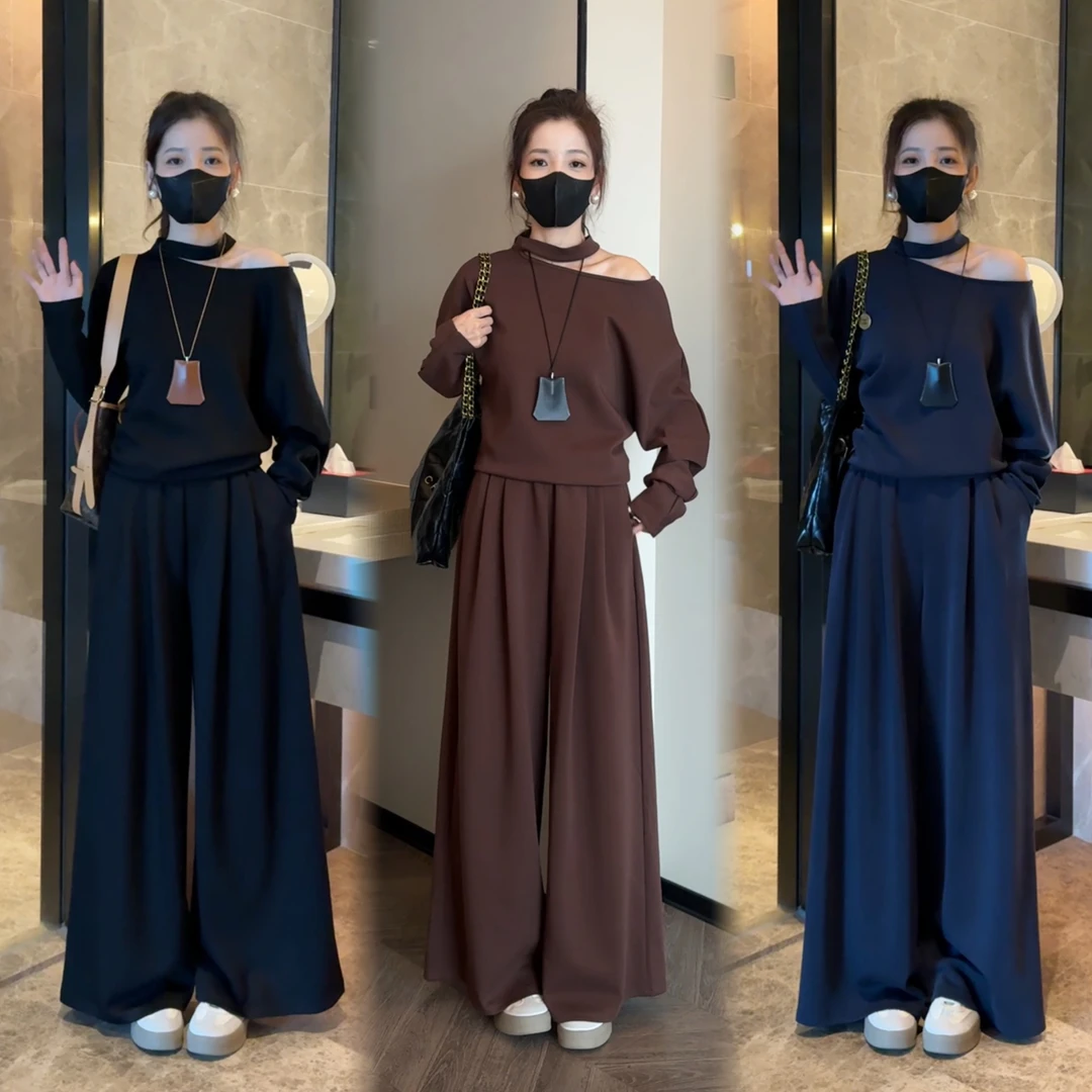 25秋季新款时尚气质休闲斜肩卫衣+运动高腰显瘦阔腿裤套装