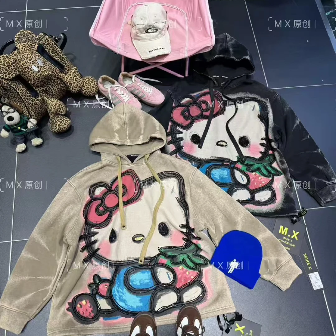 秋冬新款加绒凯特猫连帽百搭宽松型圆领拼接潮牌时尚重工卫衣