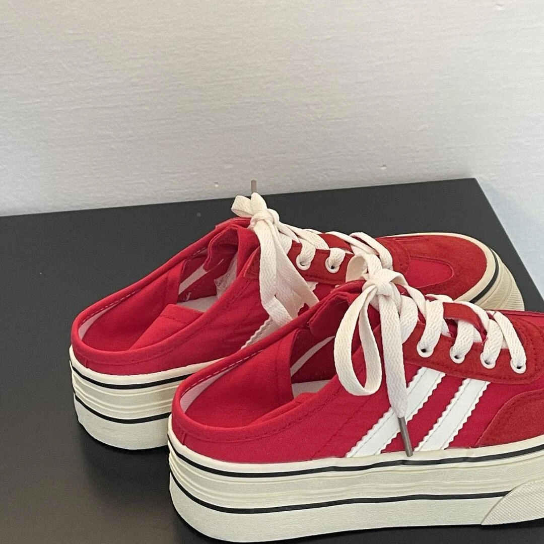 港风chic厚底帆布鞋女款2025新款春季百搭小白鞋一脚蹬板鞋休闲鞋