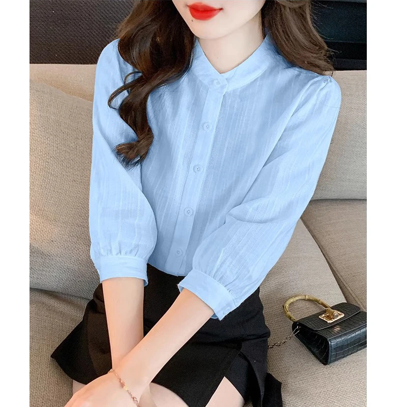 夏季新款七分袖纯棉衬衫女立领小个子中袖上衣薄款棉麻小衫衣