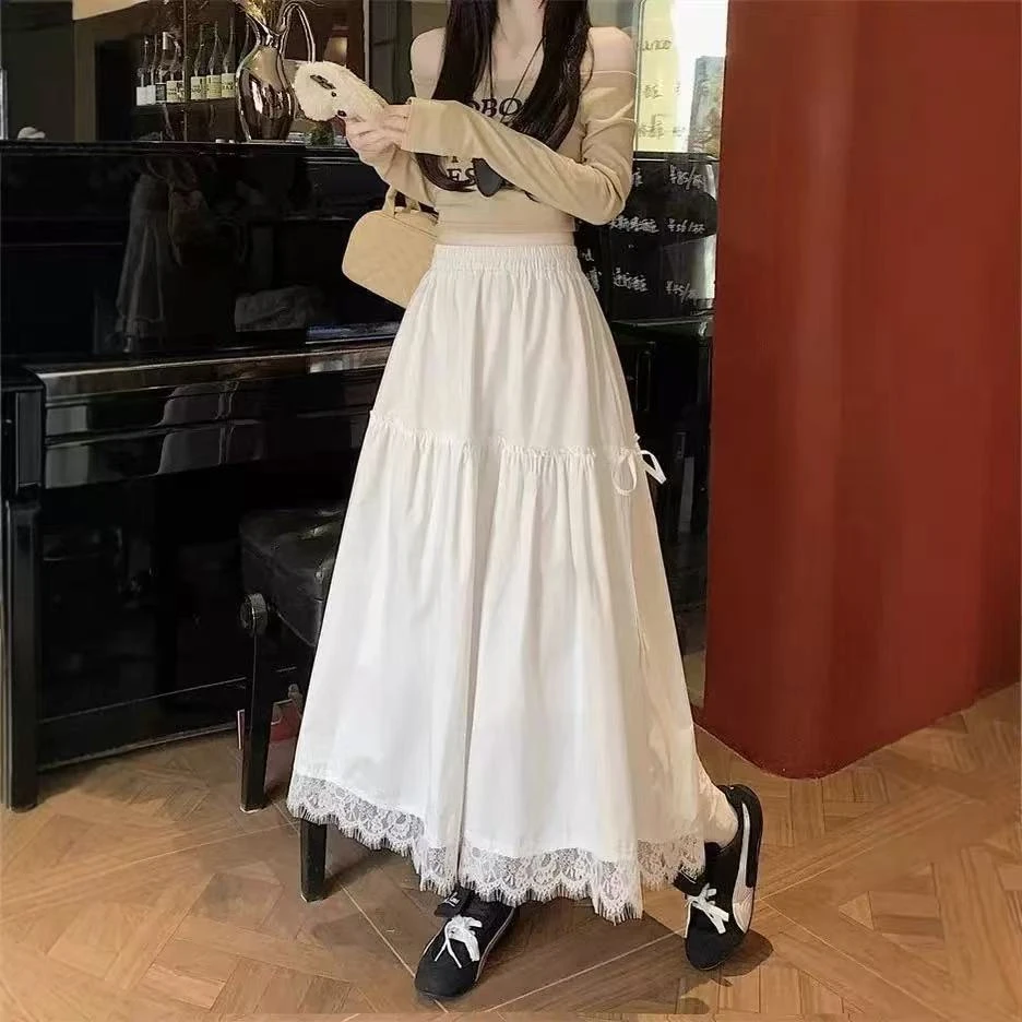 甜美风拼接蕾丝花边系带半身裙