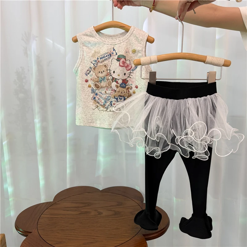 【乘风破浪】X25337T猫咪背心T+C25152K拼纱裙摆打底裤