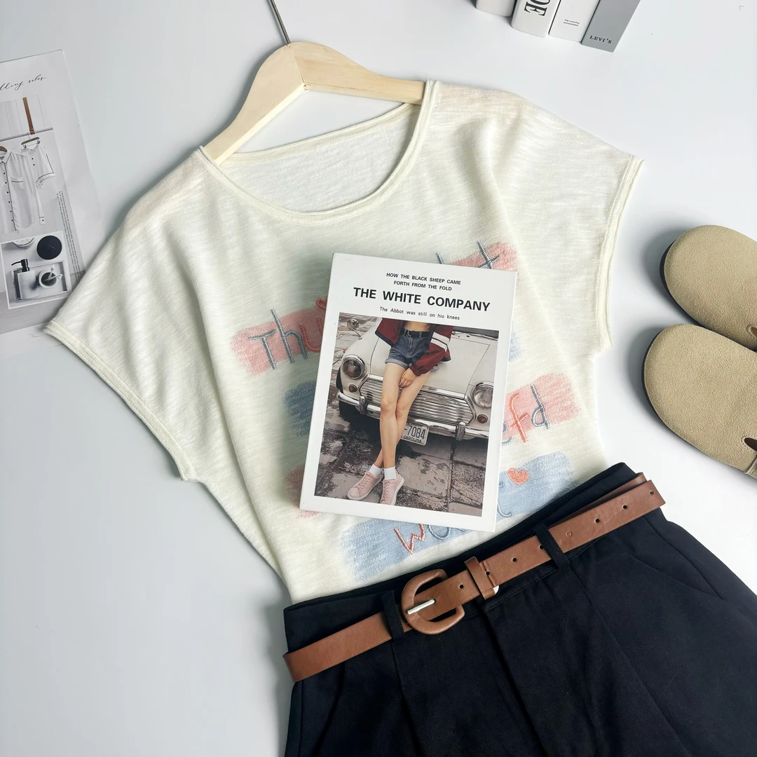 新新定制-刺绣字母款小飞袖宽松休闲薄款微透针织短袖112620