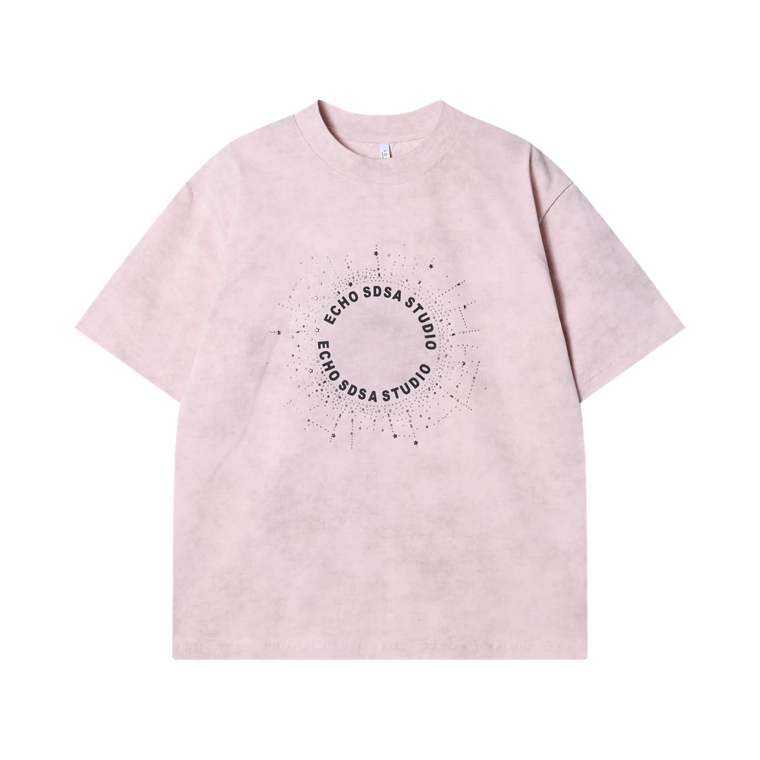 夏季高级感新款美式痞帅烫钻印花字母短袖T恤百搭圆领宽松上衣