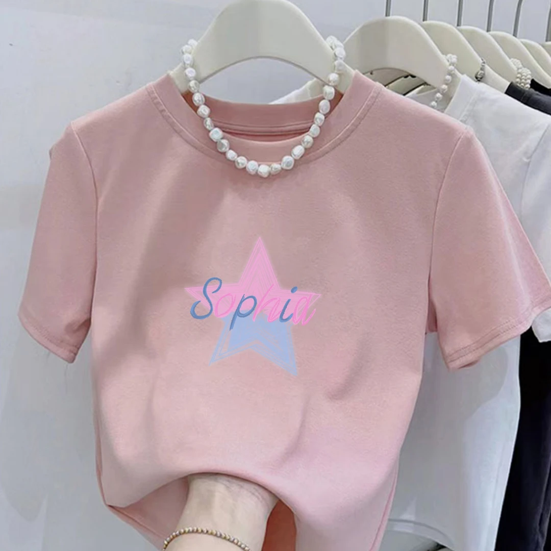 2025新款圆领粉蓝拼接印花纯棉短袖小个子女修身显瘦百搭上衣