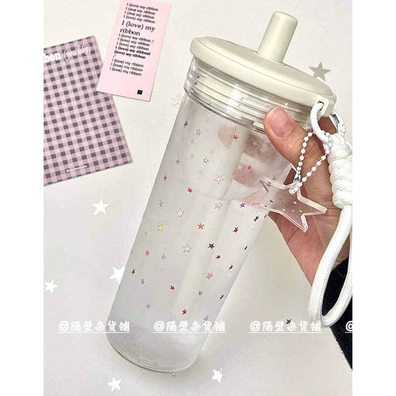 隔壁杂货铺原创塑料水杯夏日星星吸管杯成人大容量高颜值便携新款
