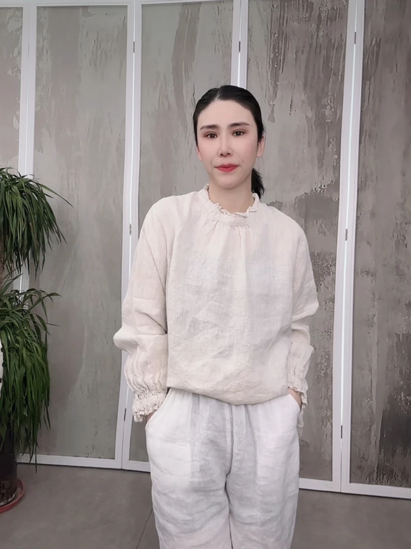 （麻本）汉麻木耳领袖口百搭显瘦纯色衬衫女XHH 5062