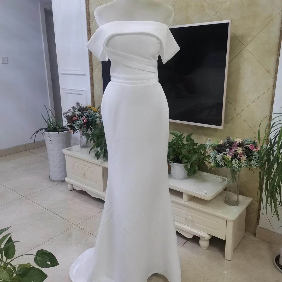 爆款缎面一字肩小拖尾鱼尾裙，结婚，生日，年会，都可以穿高端礼服，