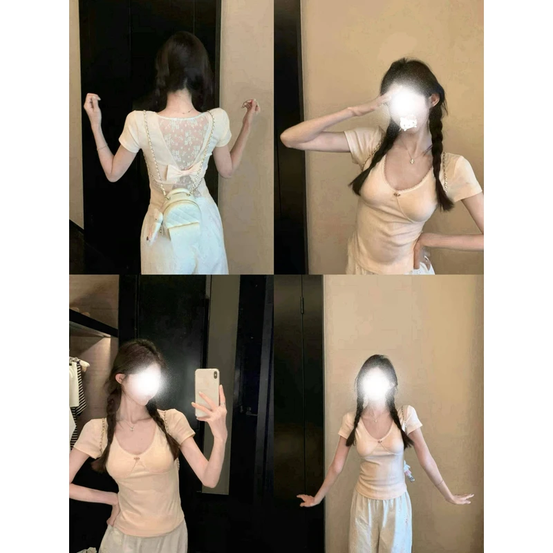 白水女 喋喋蕾丝 镂空露背v领夏季纯欲短袖显瘦上衣温柔嫩妹T恤
