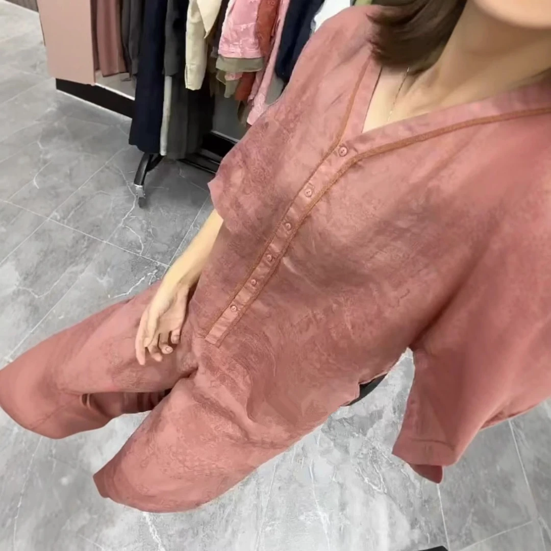 2025夏季新款纯色简约设计感文艺复古宽松V领上衣阔腿裤两件套女