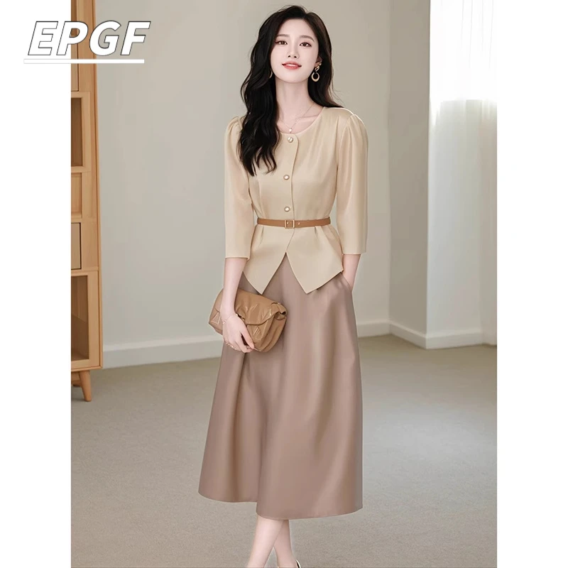 EPGF今年流行的漂亮高级感小洋装杏色短袖衬衫半身裙两件职业套装