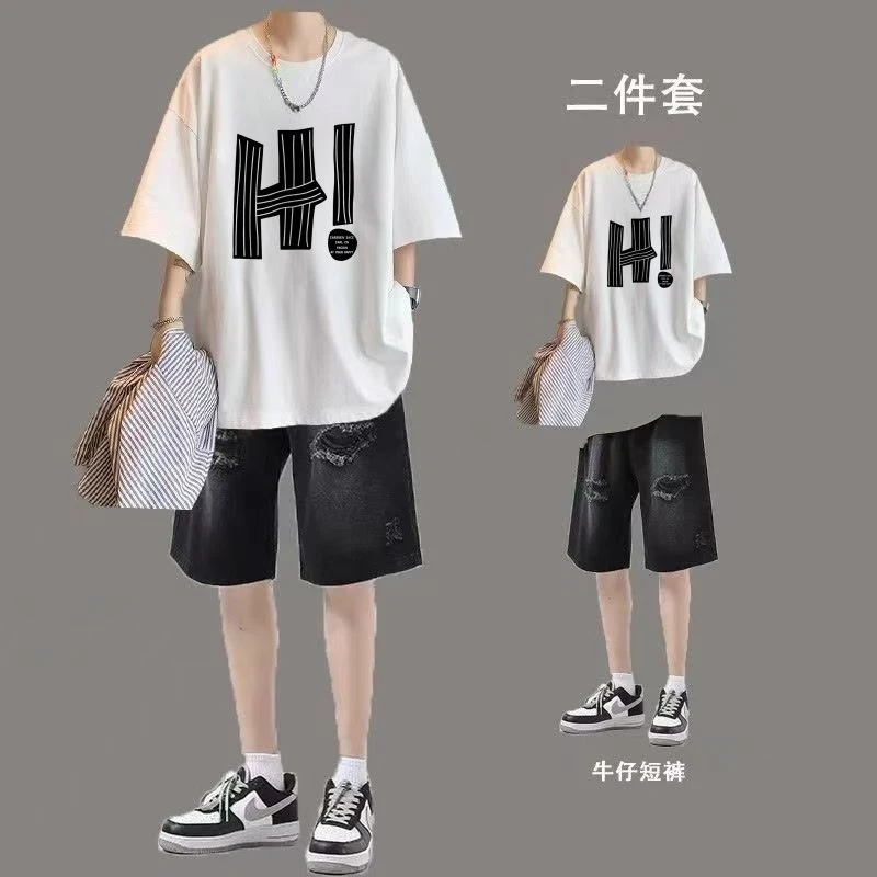 美式高街短袖t恤男生夏季套装帅潮牌高级感青少年酷帅运动一整套