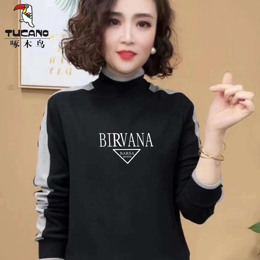 啄木鸟大码显瘦百搭上衣减龄女款2025爆款春秋德绒半高领长袖T恤