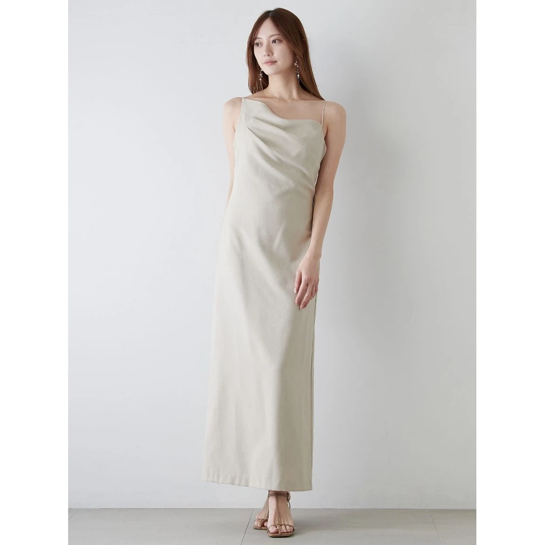 【MonTendre】夏季新款 S 垂褶领不对称设计亚麻混纺吊带优雅连衣裙
