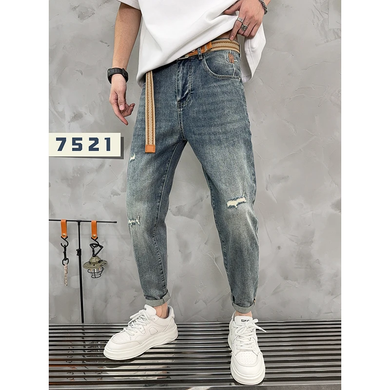 2025夏季薄款欧版大牛高端牛仔裤男士弹力修身破洞锥形小直筒长裤