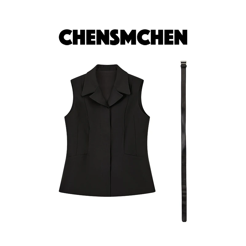 CHENSMCHEN 绵羊毛翻领无袖收腰马甲女通勤气质显瘦上衣CSJ7147SL