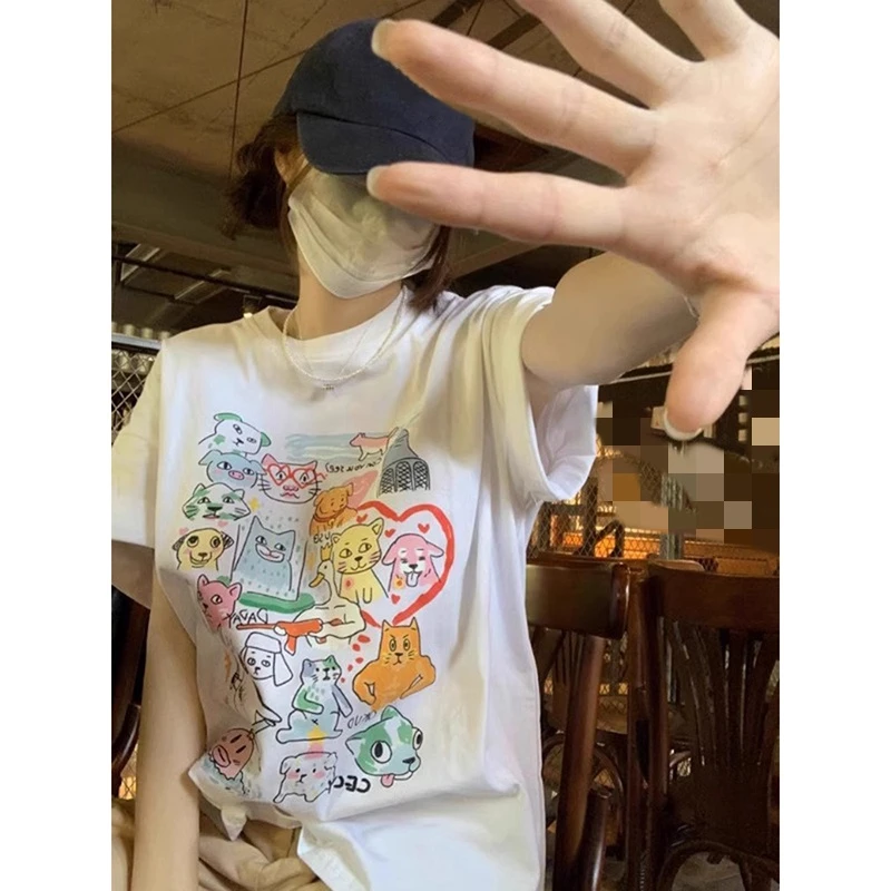 纯棉卡通印花短袖t恤女装时尚潮牌2025夏季新款宽松韩系上衣半袖