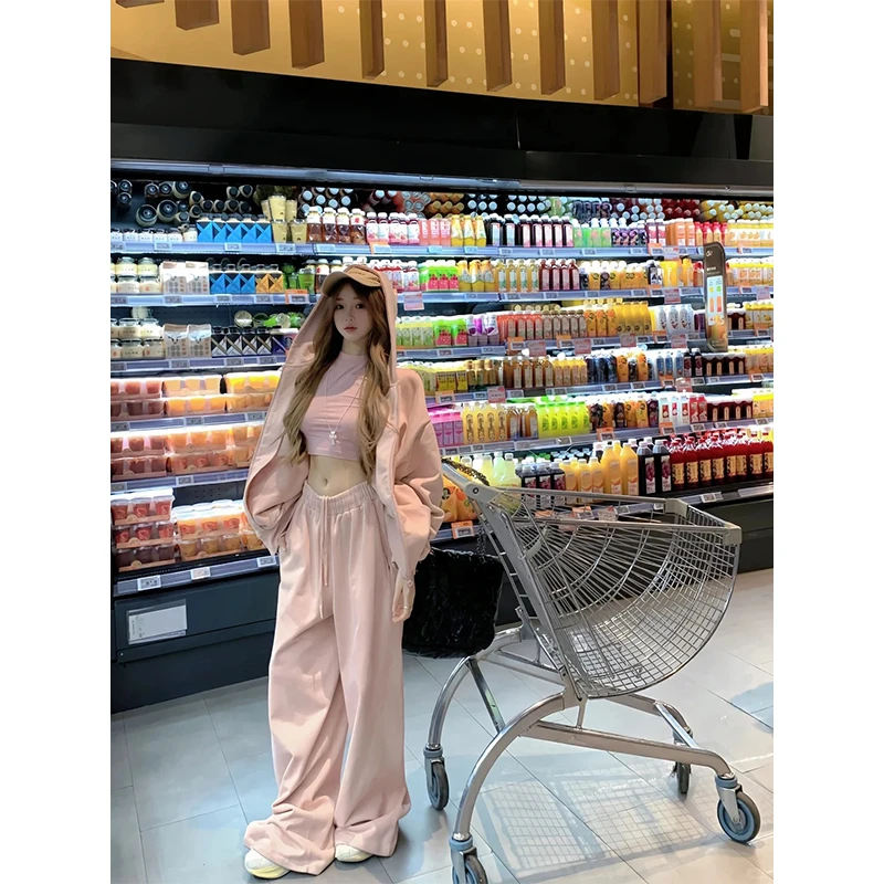 2025秋季新款运动风拉链长袖开衫外套女内搭背心显瘦直筒阔腿长裤