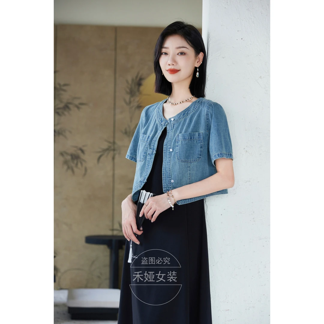 希茜1935 夏新款短袖牛仔外套时尚女装女士百搭夹克