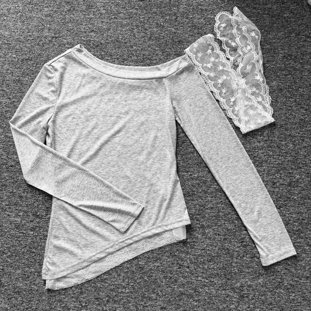 28926灰色净版蕾丝下摆丝巾长袖斜肩上衣