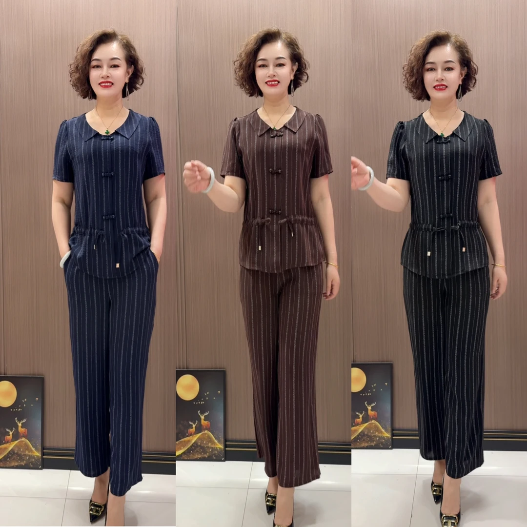C100款时尚休闲宽松夏季减龄条纹气质套装