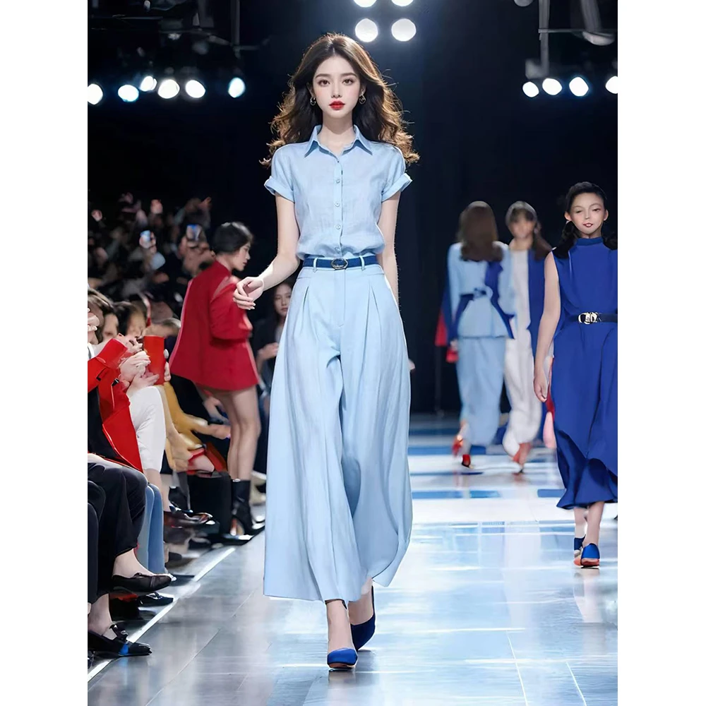 2025超火春装一整套气质高级感轻奢今年流行时尚蓝色衬衫套装裤女