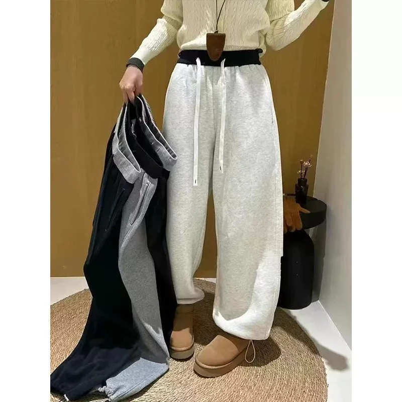 高级感撞色抽绳弯刀阔腿裤女2025秋季新款宽松显瘦遮肉百搭长裤