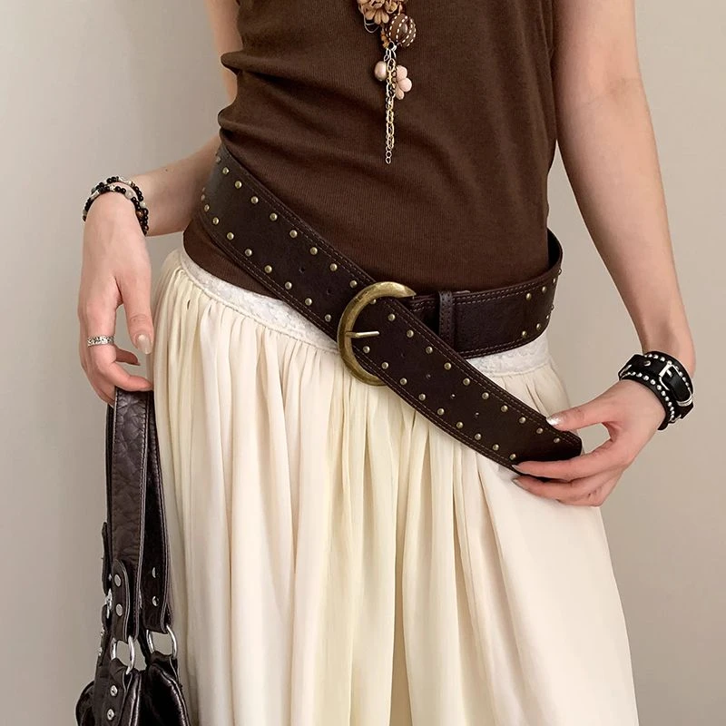 女2025年新款复古西部风铆钉宽版腰带配裙子牛仔裤带显瘦百搭腰封