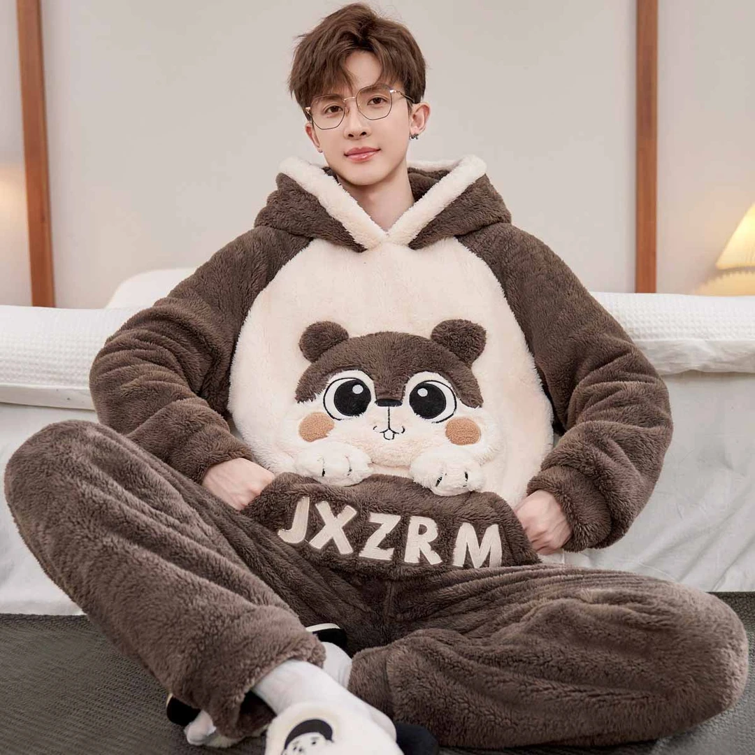 男士秋冬季珊瑚绒睡衣法兰绒加厚保暖卡通宽松大码青年家居服套装