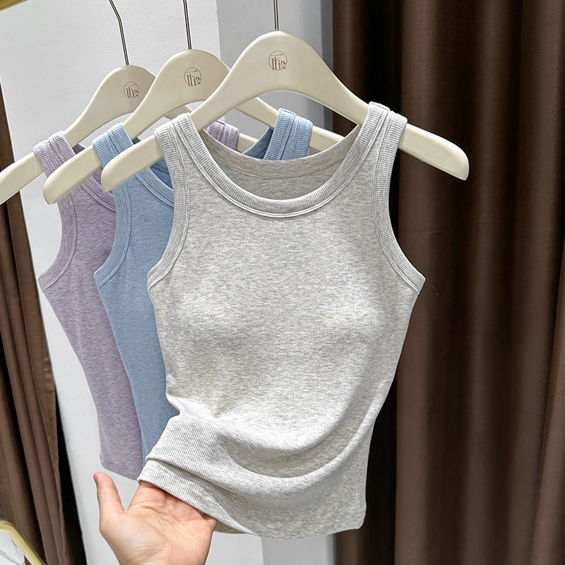 杏色软糯紧身小圆领吊带背心女夏季内搭薄款修身显瘦上衣打底衫潮