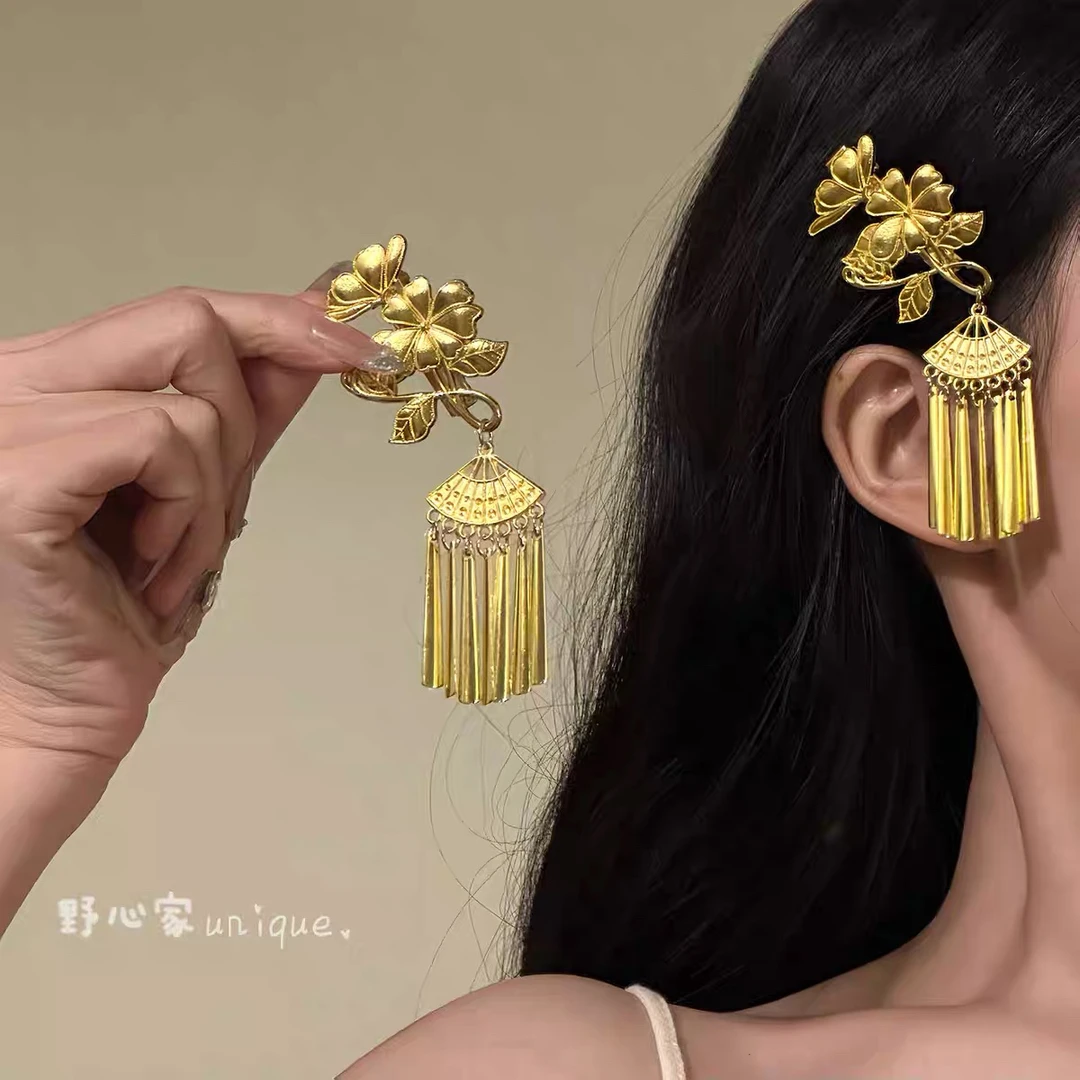 【金铃亦满】新中式金色花朵流苏发夹高端精致发卡发饰