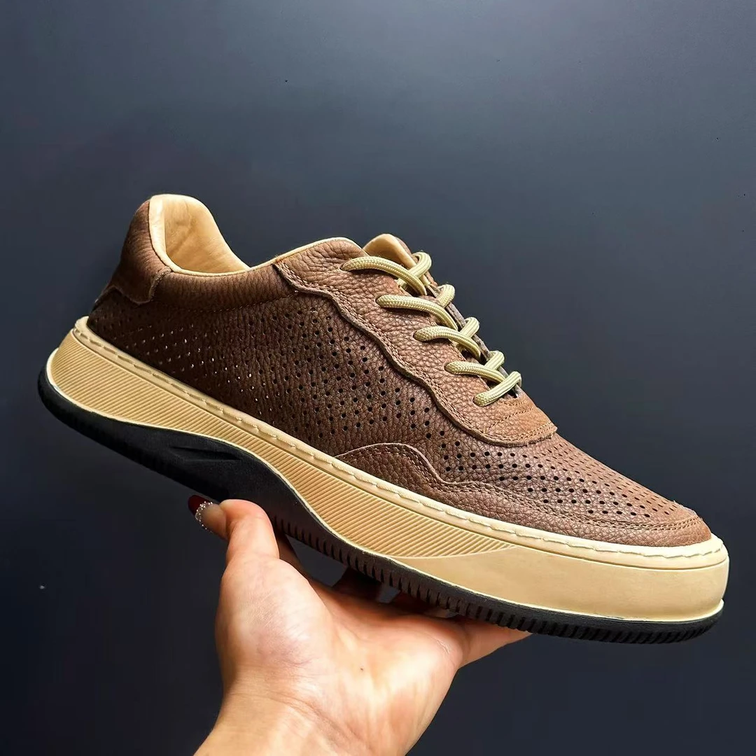 头层牛皮芒果鞋打孔宽头鞋透气吸汗休闲男鞋1845低帮鞋子