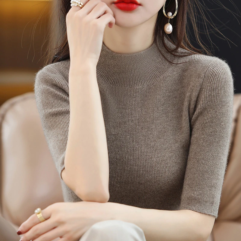 秋冬西装内搭修身半高领女五分袖套头针织打底衫中袖毛衣短袖半袖