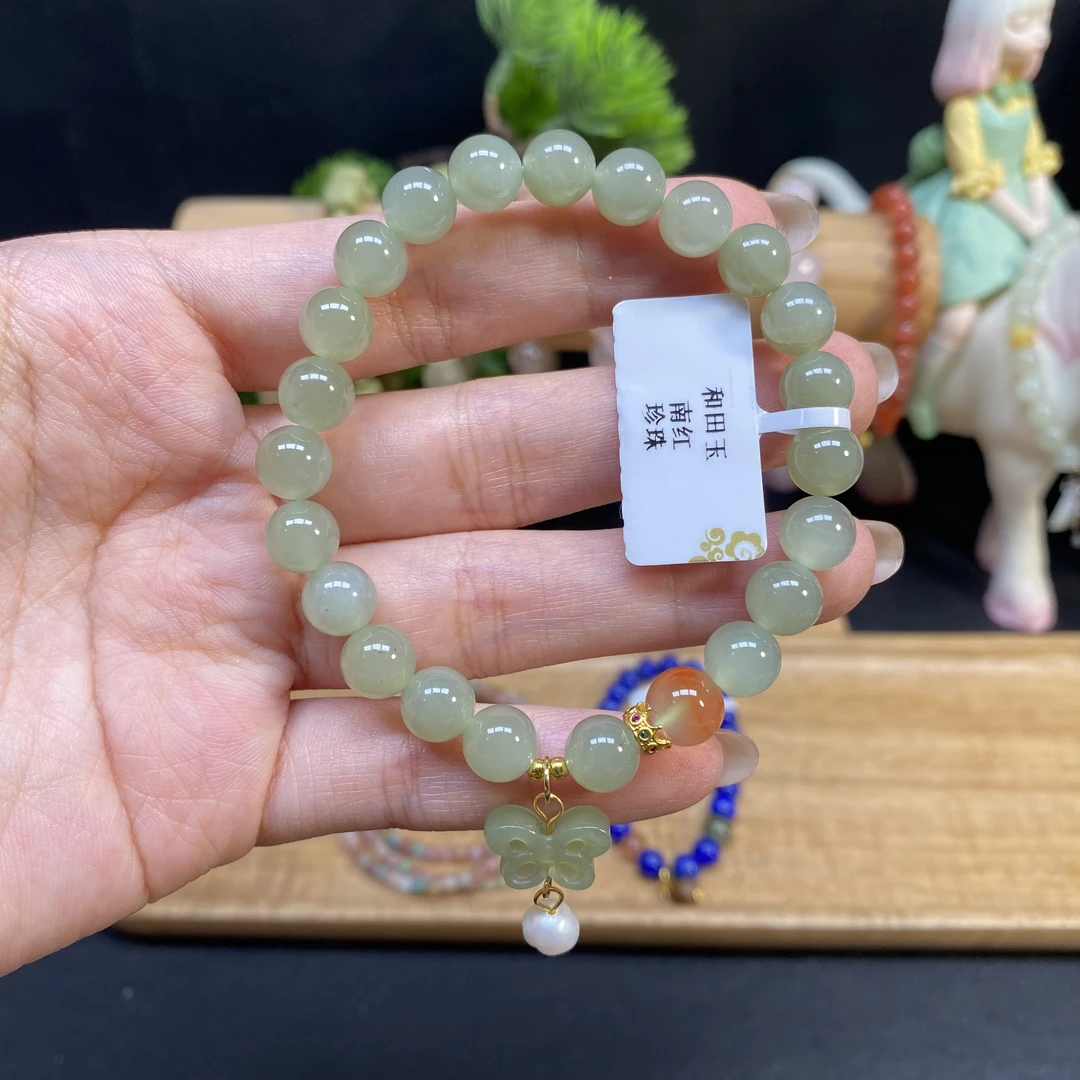 【和田玉晴水8m手串】A960搭配南红淡水珍珠配和田玉蝴蝶吊坠时尚